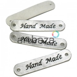 Набор декоративных бирок (нашивок, лейбл) "Hand Made" серебряных под кожу, 5 x 1 см., 4 штуки, REGINA