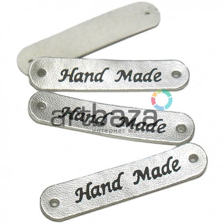 Набор декоративных бирок (нашивок, лейбл) "Hand Made" серебряных под кожу, 5 x 1 см., 4 штуки, REGINA