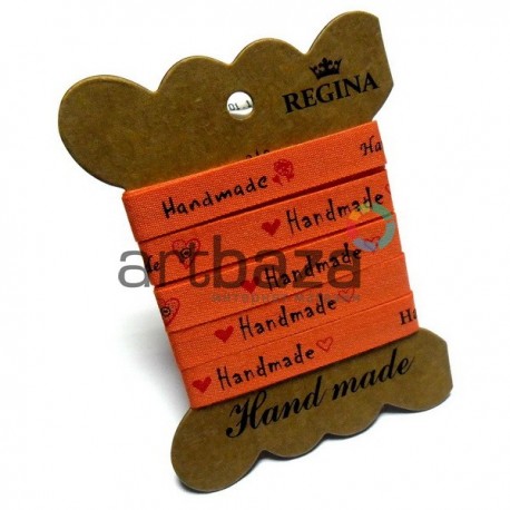Лента декоративная хлопковая с принтом "Hand Made", оранжевая, ширина 10 мм., длина 2 м., REGINA